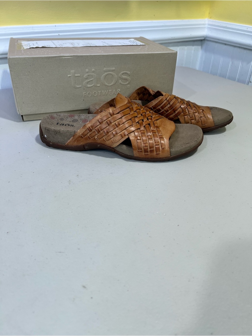 Taos Footwear Tan Woven Leather Slide Sandals